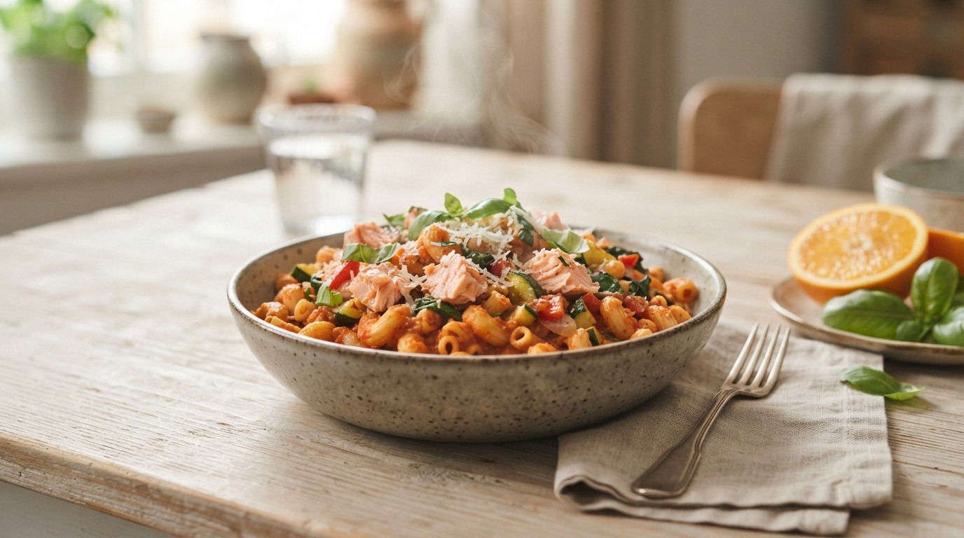 Macaroni met Tomatensaus en Zalm