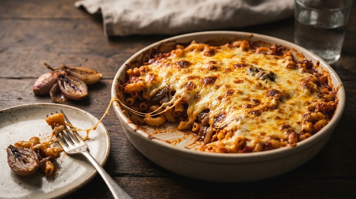 Macaroni met Tomatensaus, Sjalotjes en Kaas