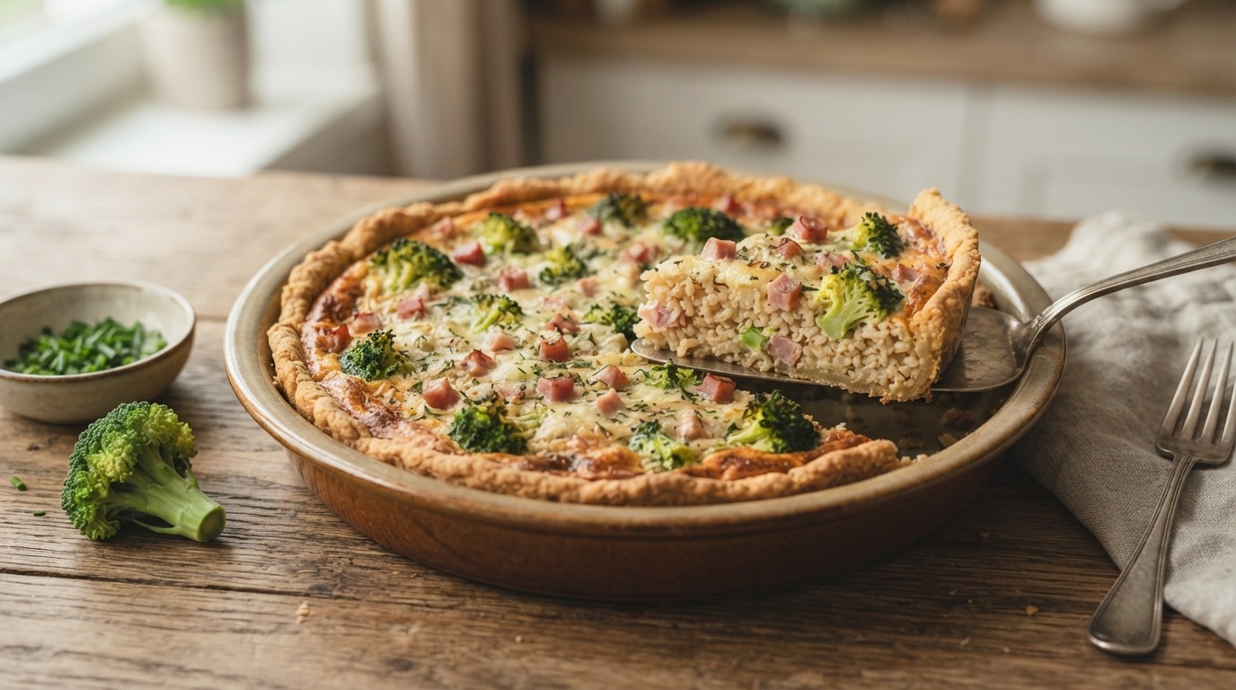 Magere Broccoli-rijsttaart met Achterham en Zilvervliesrijst