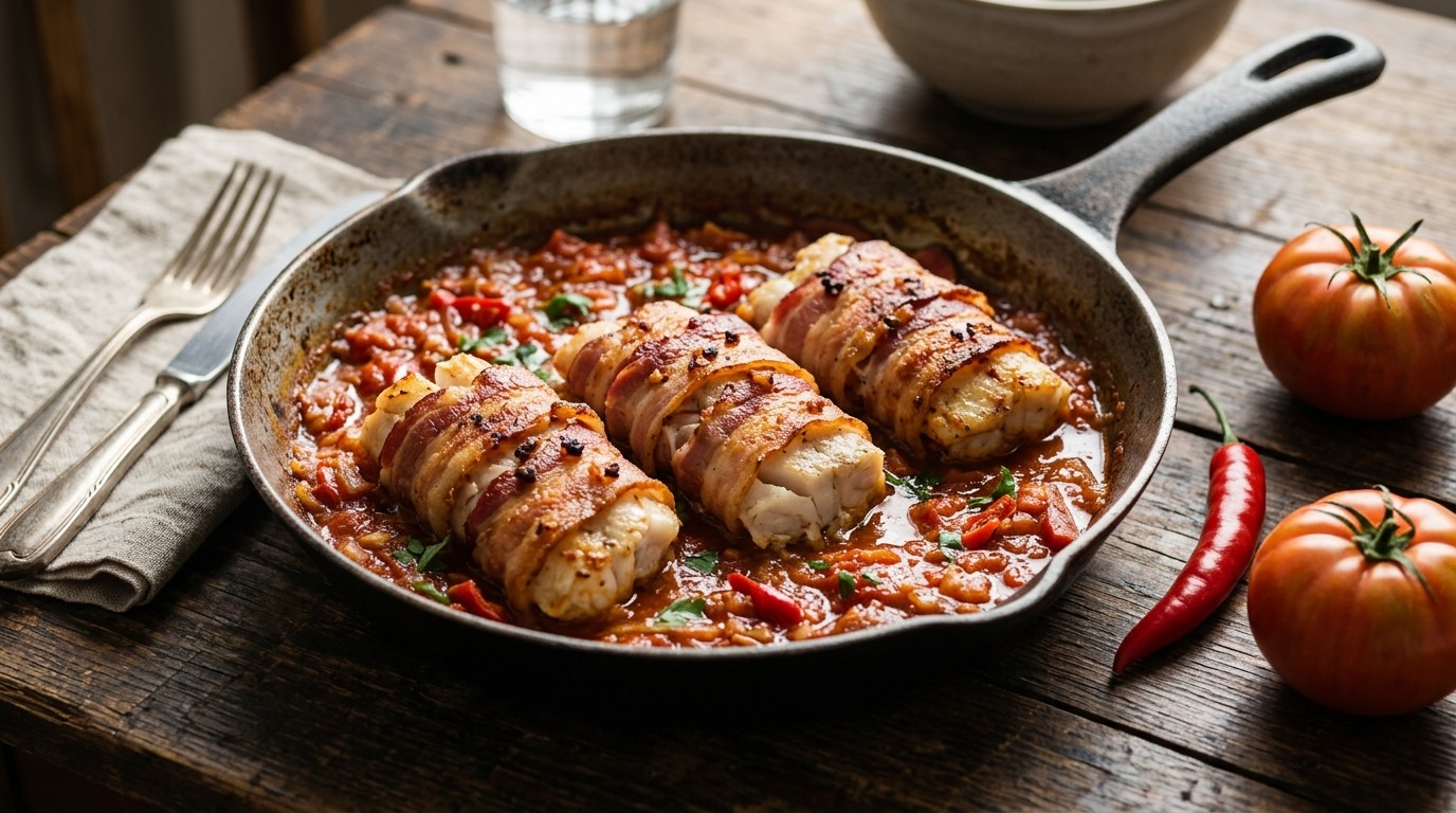 Meerval met Spek en Pittige Tomatensaus recept Meerval met Spek en Pittige Tomatensaus recept