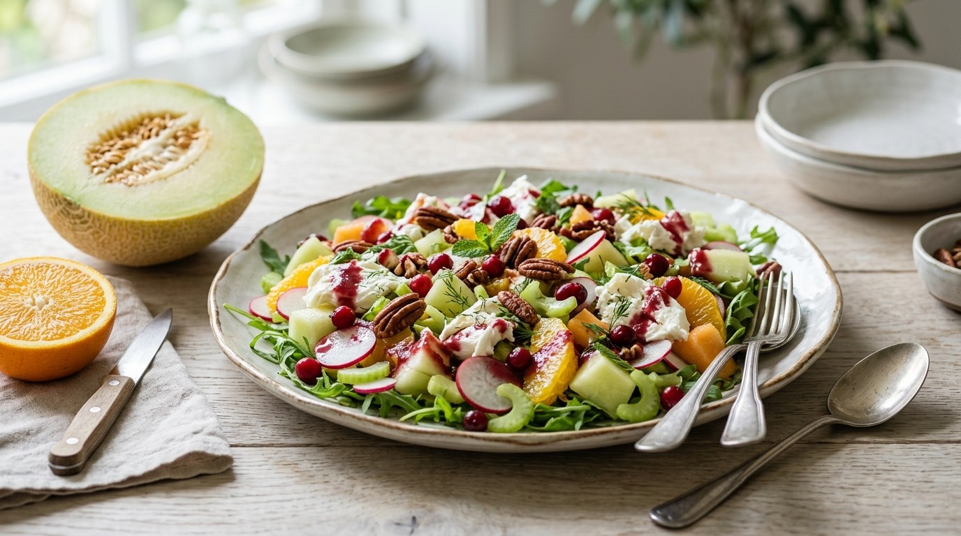 Meloen-sinaasappelsalade met Noten en Cranberryvinaigrette