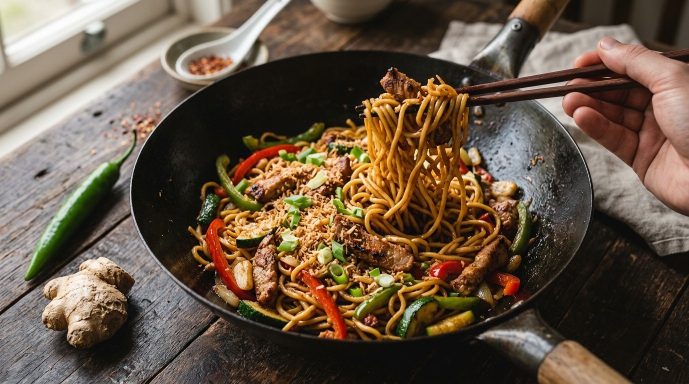 Mie Babi Sajoer (noedels met Varkensvlees en Groenten)