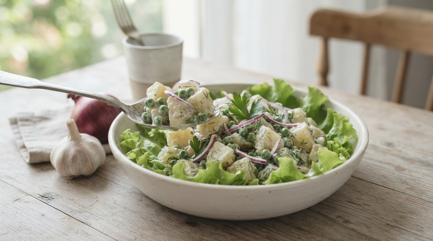 Mix van Erwtjes. Koude Aardappelen,uitjes,look, en sla