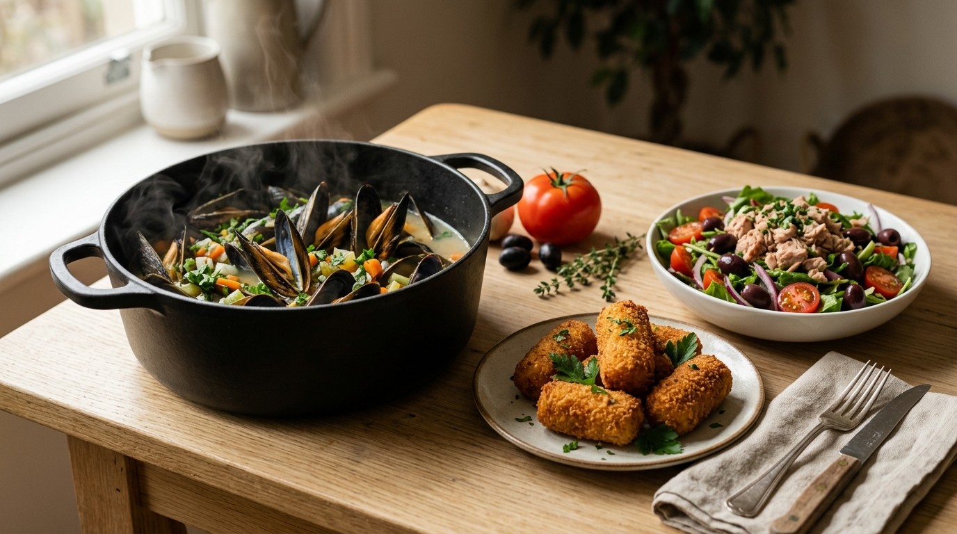 Mosselen met Aardappelkroketjes en Salade