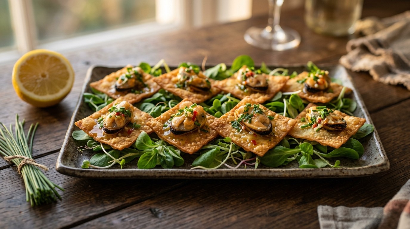 Mosselen op Wontons