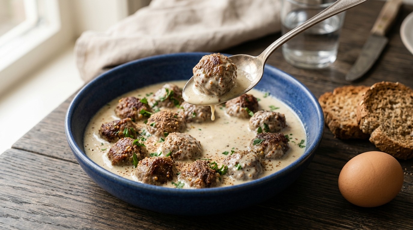 Mosterdgehaktballetjes in Yoghurt-nootmuskaatsaus recept Mosterdgehaktballetjes in Yoghurt-nootmuskaatsaus recept