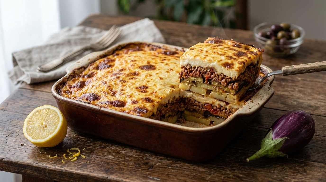 Moussaka (traditionele Griekse Lunchschotel)