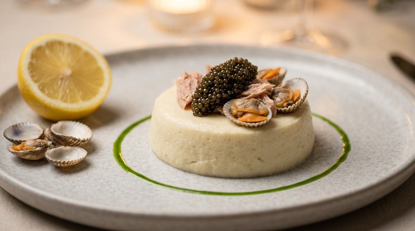 Mousse van Aardappels met Kaviaar Tonijn en Kokkels