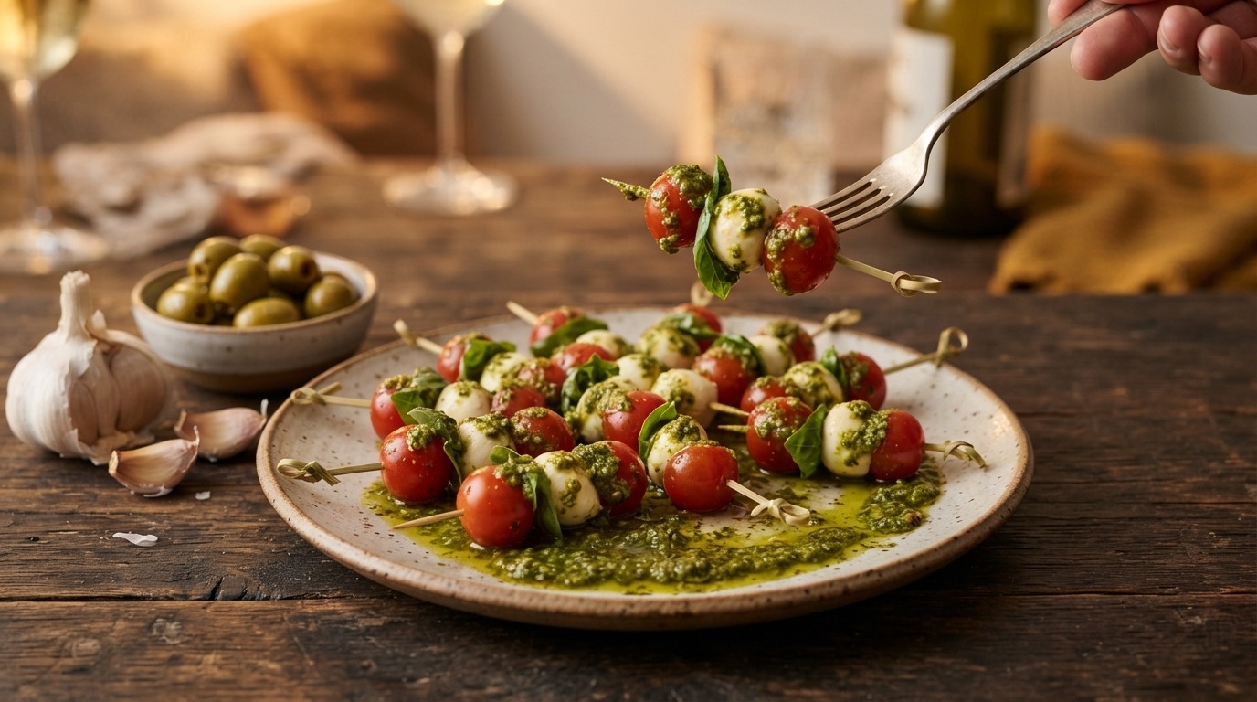 Mozzarellaspiesjes met Groene Pesto recept Mozzarellaspiesjes met Groene Pesto recept
