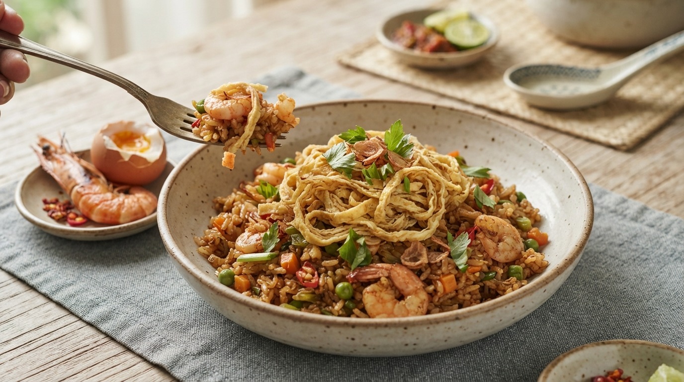 Nasi Goreng met Garnalen en Omeletreepjes