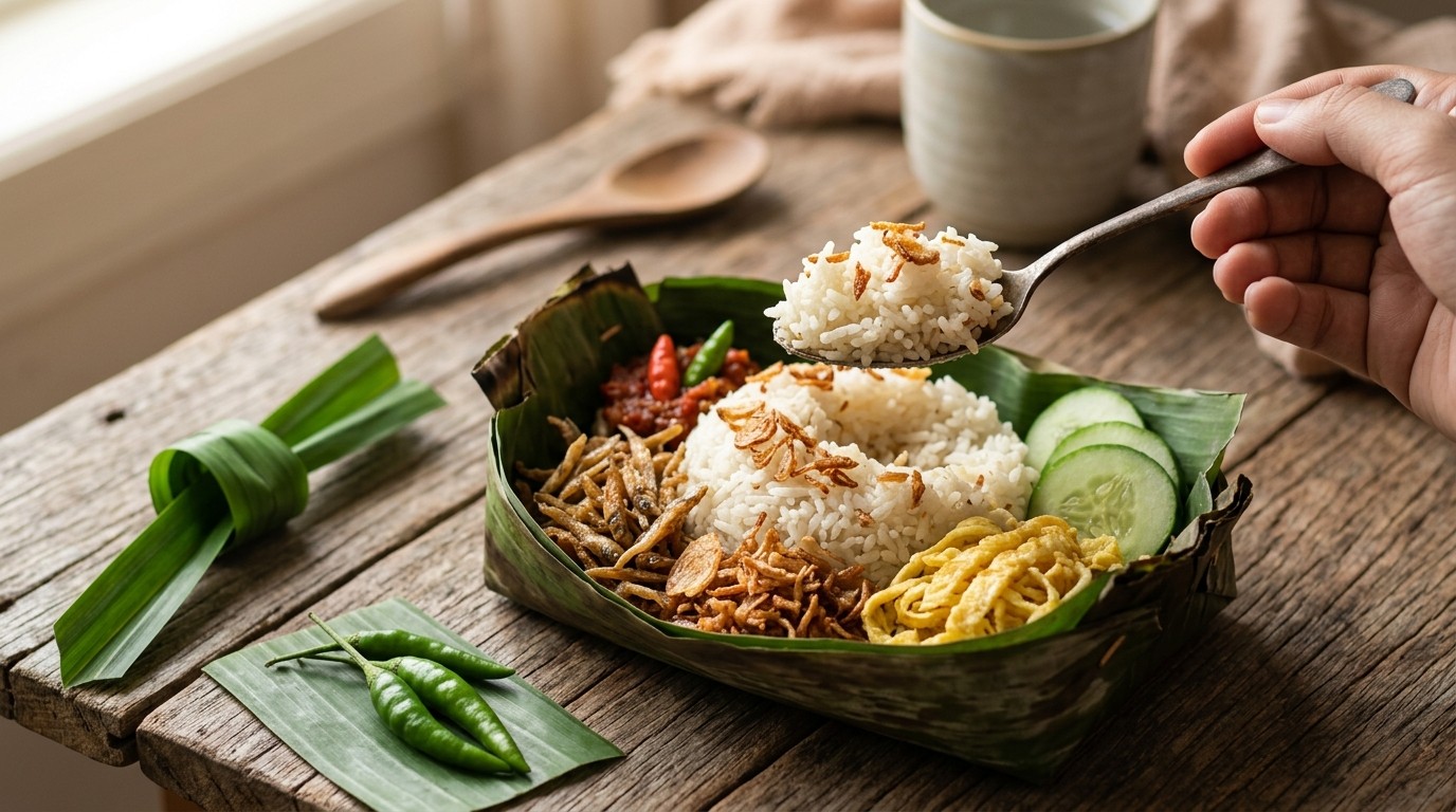 Nasi Ikan Uduk (vis met Rijst in Bananenbladeren)