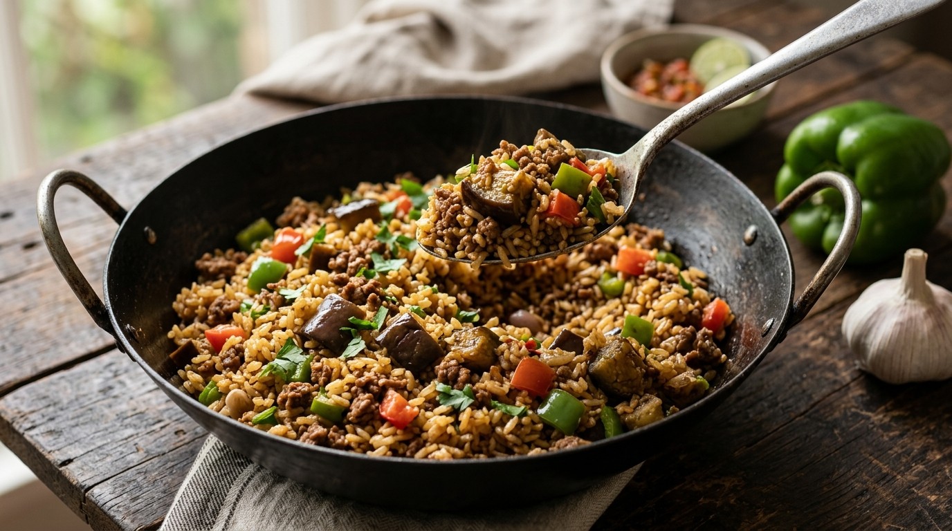 Nasi Terong (gebakken Rijst met Gehakt, Paprika en Aubergine)