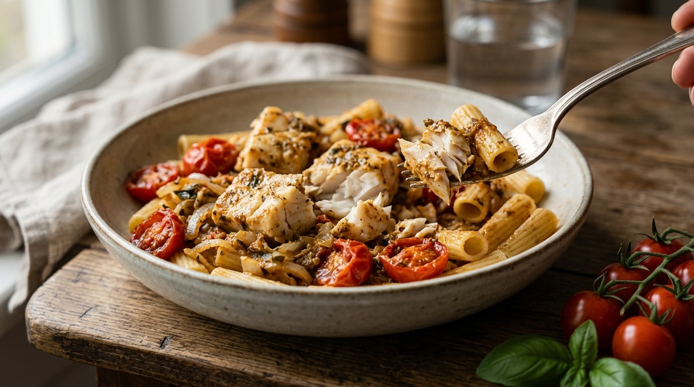 Nijlbaars uit de Oven met Tomaten en Pasta