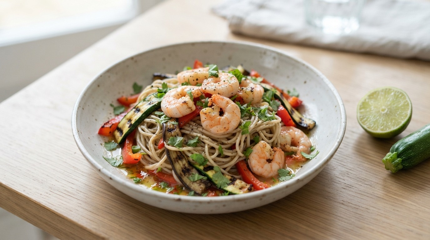 Noedelsalade met Gamba's Gegrilde Groenten en Tomaten-limoendressing