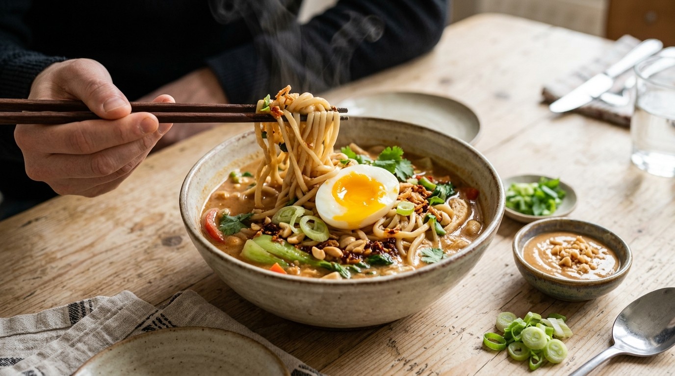 Noodle-pindasoep met ei