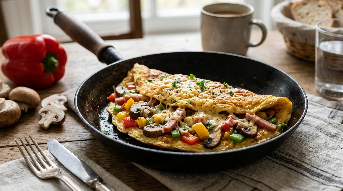 Omelet met Groenten, ham en Geraspte Kaas