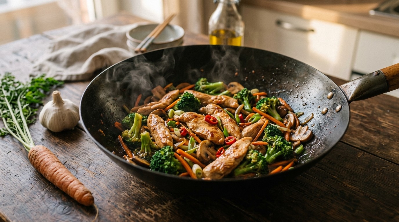 Oosterse Roerbakschotel van Broccoli, kip en Champignons