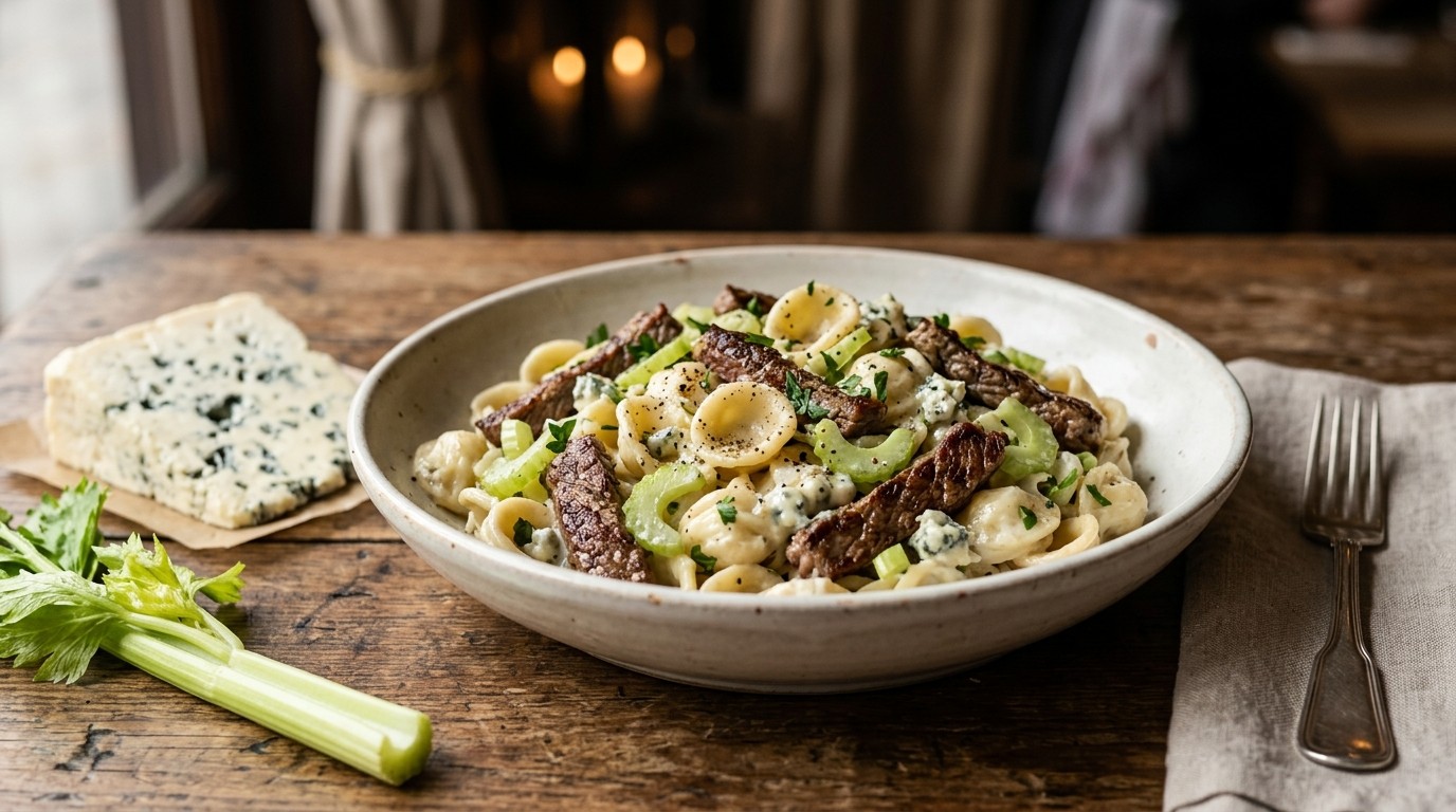 Orecchiette met Biefstukreepjes en Blauwekaasdressing