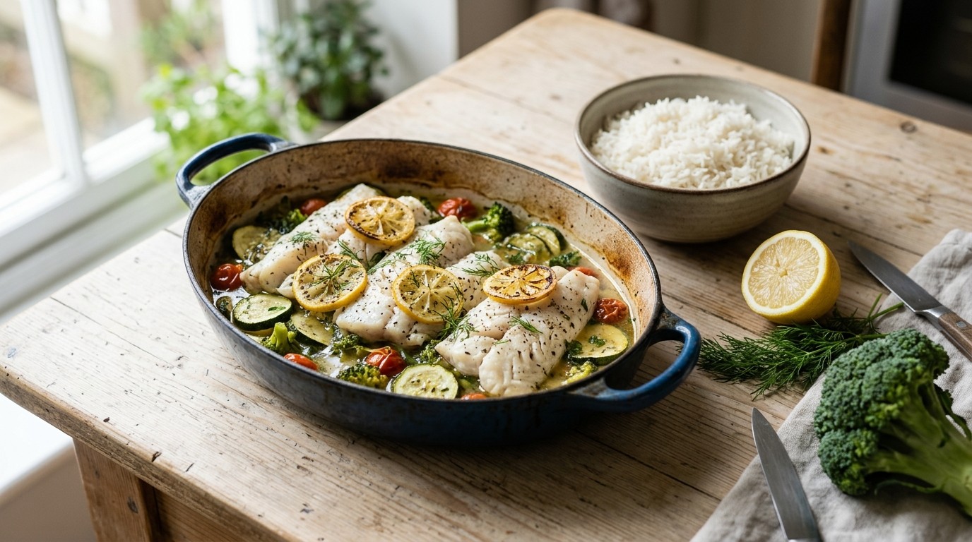 Ovenkoolvis met Courgette en Rijst