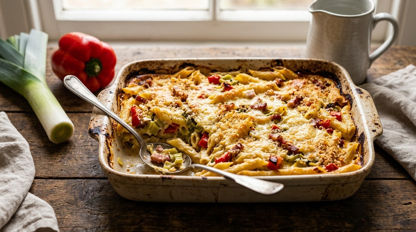 Ovenpasta met Prei, Paprika en Spekjes recept Ovenpasta met Prei, Paprika en Spekjes recept