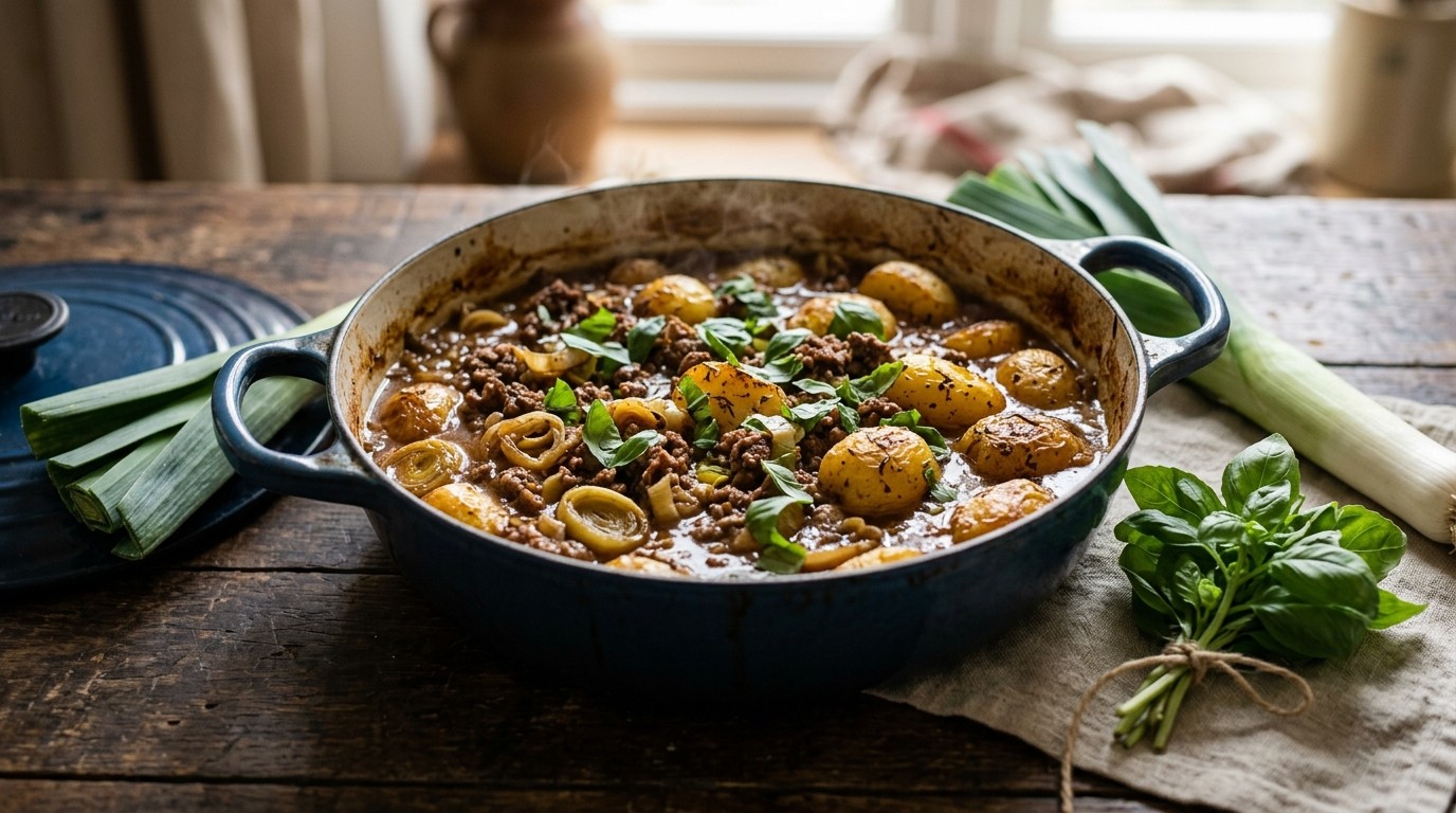 Ovenschotel met Gehakt, Prei, Krieltjes en Basilicum