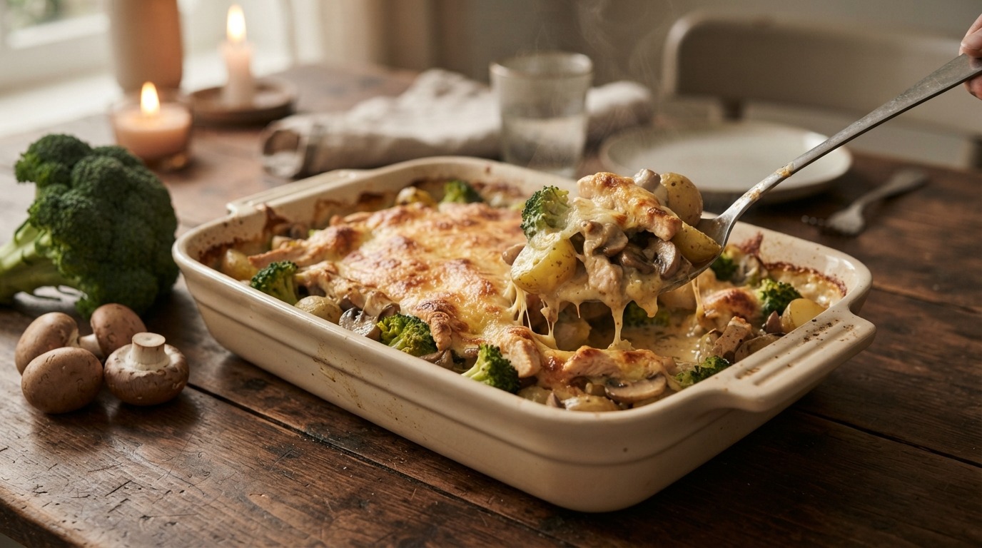 Ovenschotel met kip, Broccoli, Champignons en Krieltjes