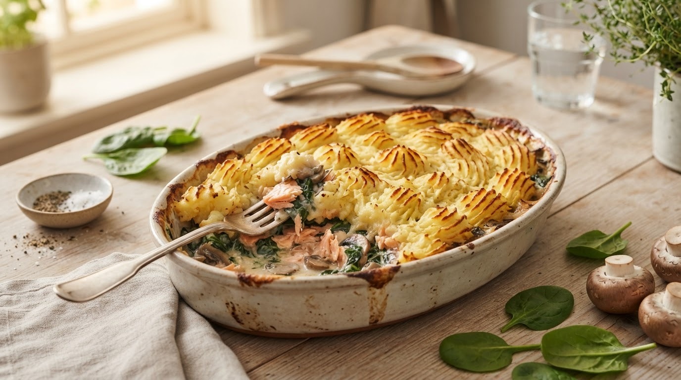 Ovenschotel met Puree, Spinazie, Champignons en Zalm