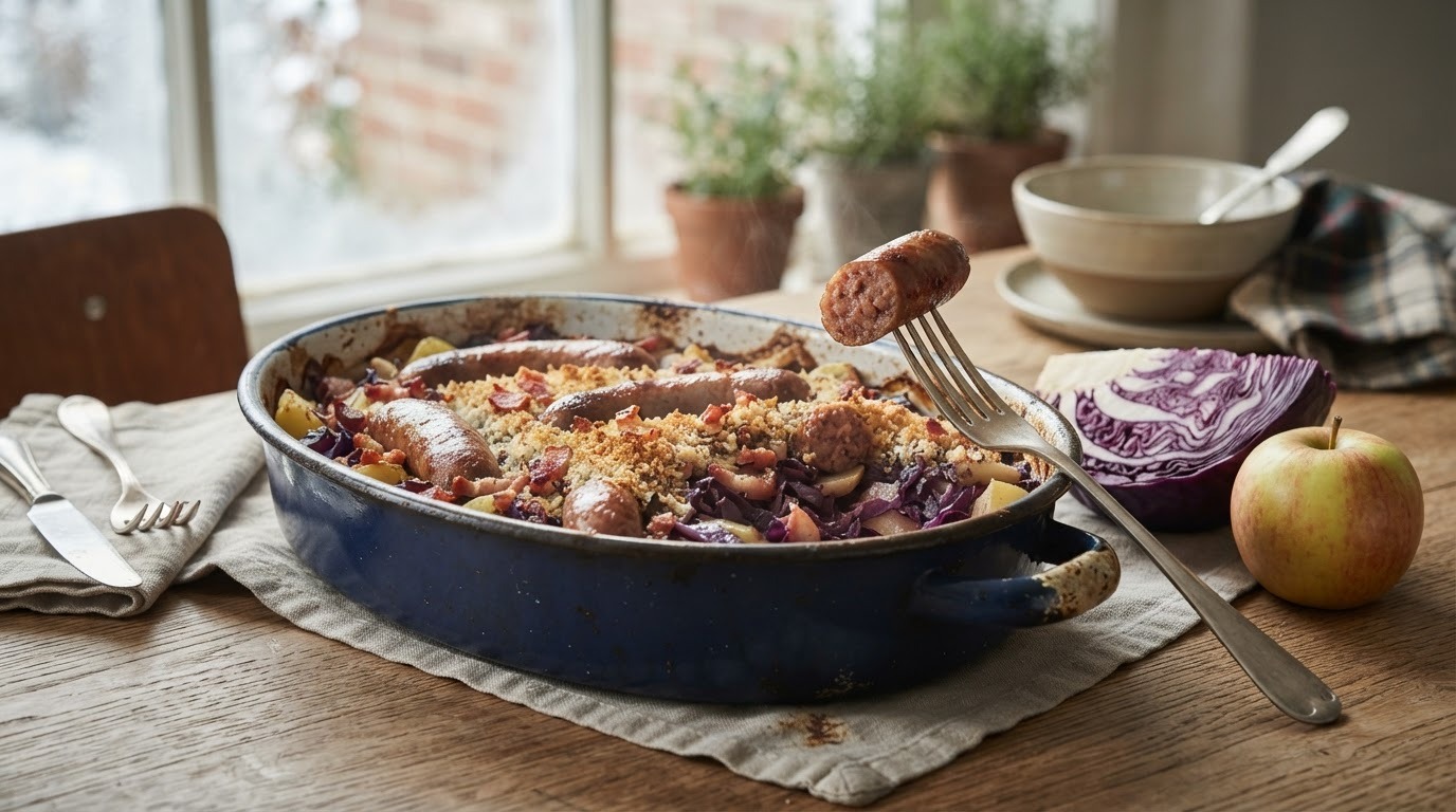 Ovenschotel met Rode Kool en Worstjes recept Ovenschotel met Rode Kool en Worstjes recept