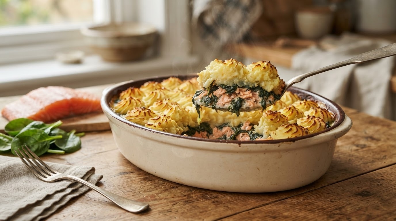 Ovenschotel met Spinazie, Zalm en Aardappelpuree