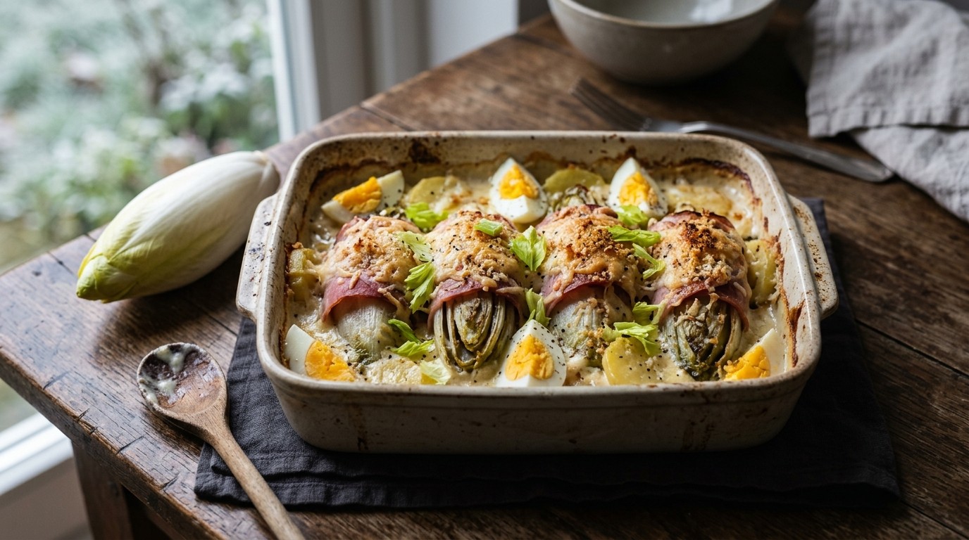 Ovenschotel met Witlof, ham en Eieren