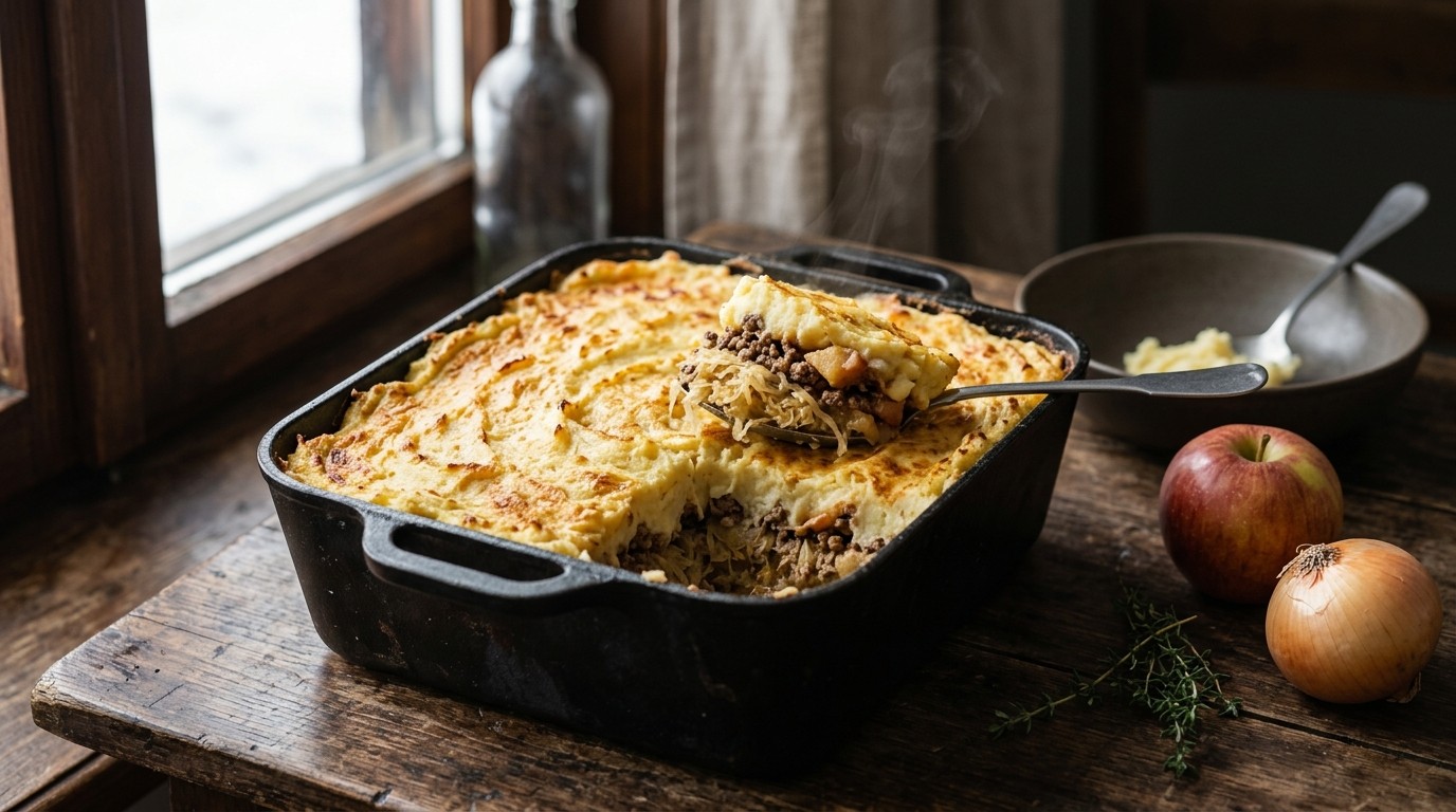 Ovenschotel met Zuurkool en Gehakt