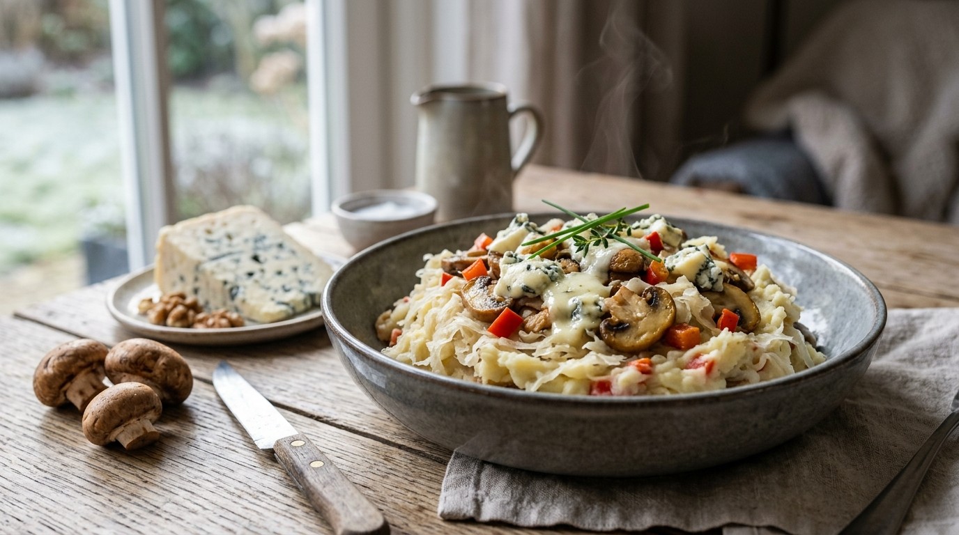 Paddenstoelen-zuurkoolstamppot met Blauwaderkaas