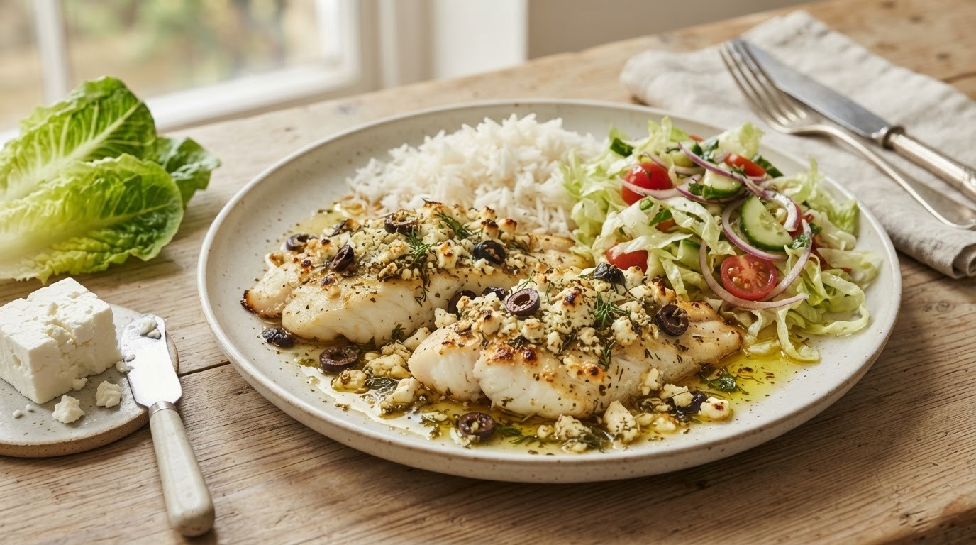 Panga Filets op Zijn "Grieks" met Rijst en sla recept Panga Filets op Zijn "Grieks" met Rijst en sla recept
