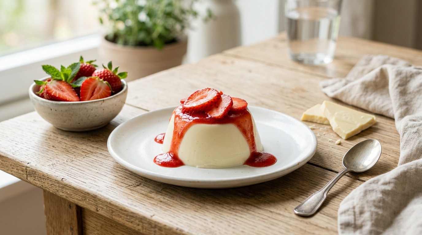 Panna Cotta met Wittte Chocolade en Aardbeien