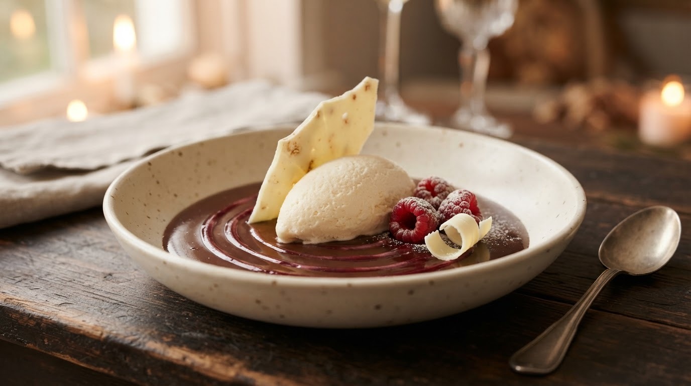 Panna Cotta Roomijs met Chocoladesoep en Frambozensiroop