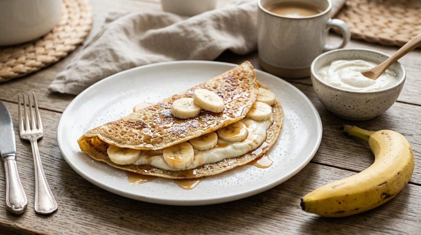 Pannenkoek met Banaan en Vanillekwark recept Pannenkoek met Banaan en Vanillekwark recept