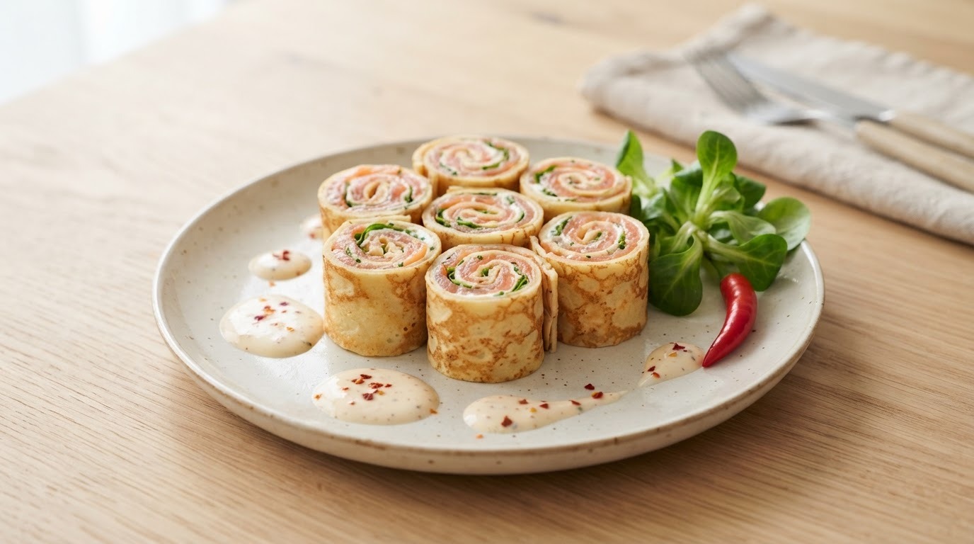 Pannenkoekenrolletjes met Rode Zalm en Veldsla recept Pannenkoekenrolletjes met Rode Zalm en Veldsla recept
