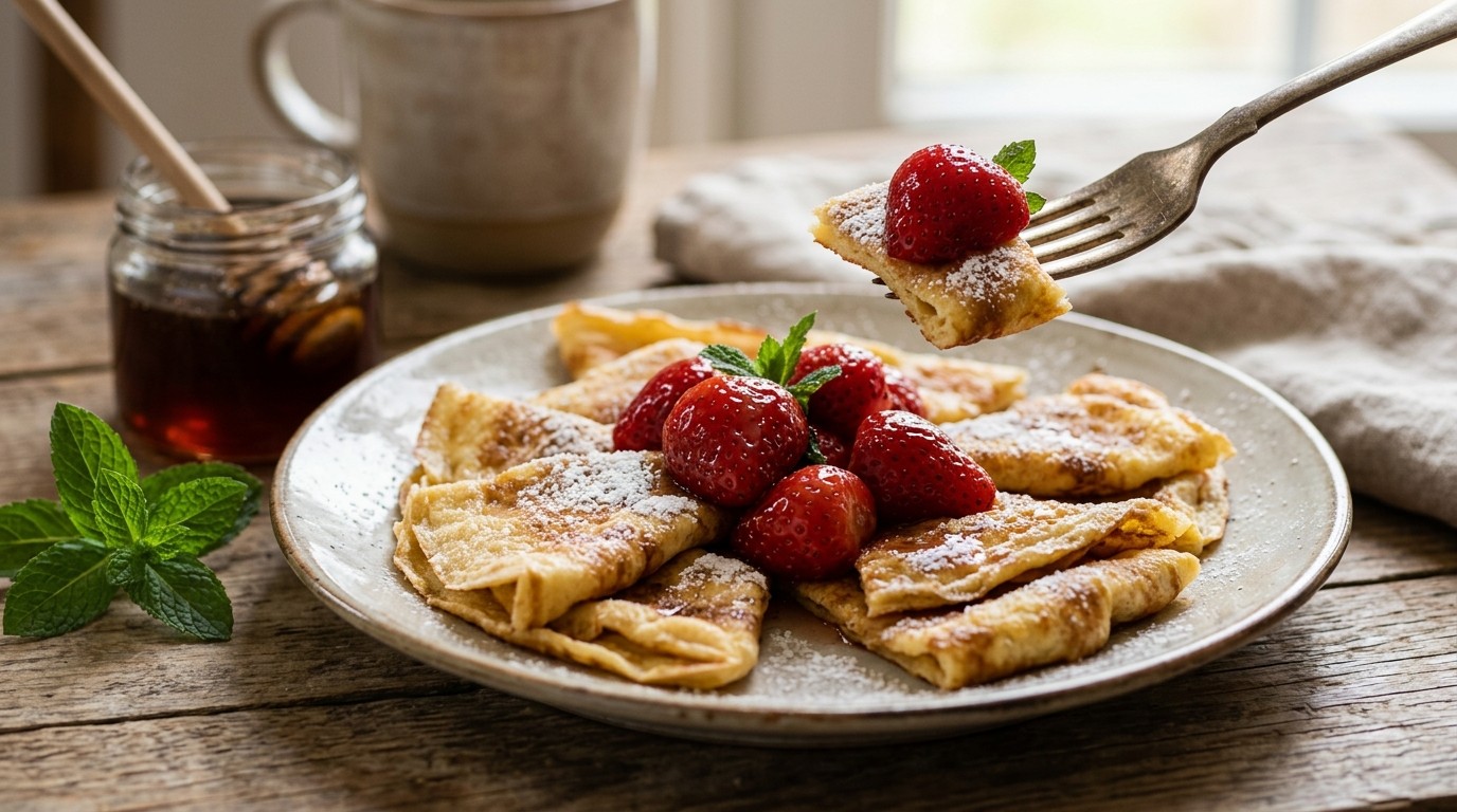 Pannenkoekstukjes met Gemarineerde Aardbeien