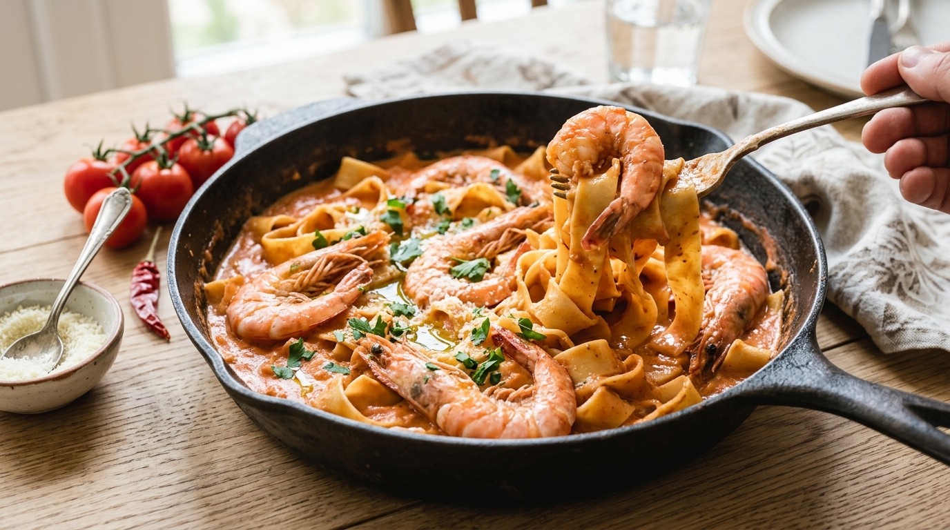 Pappardelle met Tijgergarnalen en Wodkasaus