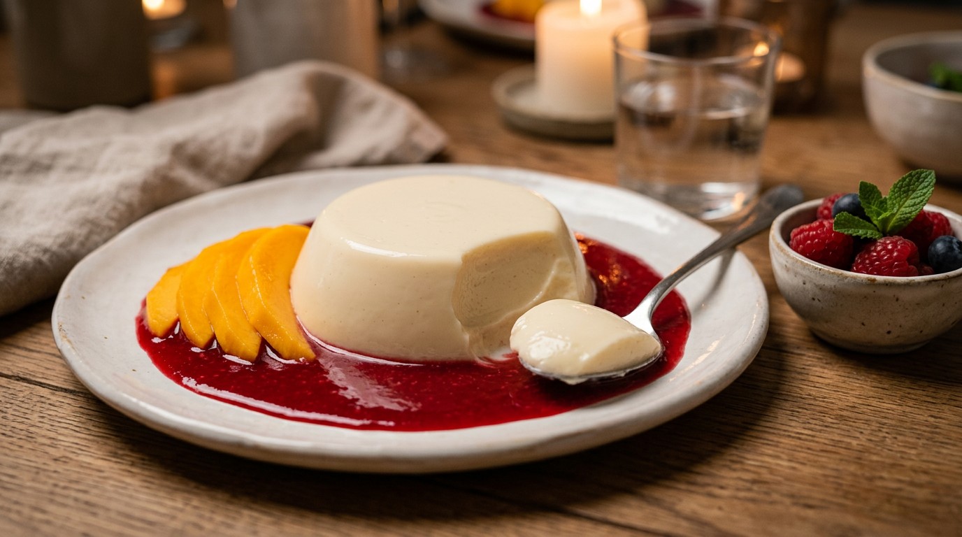 Partypudding met Mango en Frambozensaus recept Partypudding met Mango en Frambozensaus recept