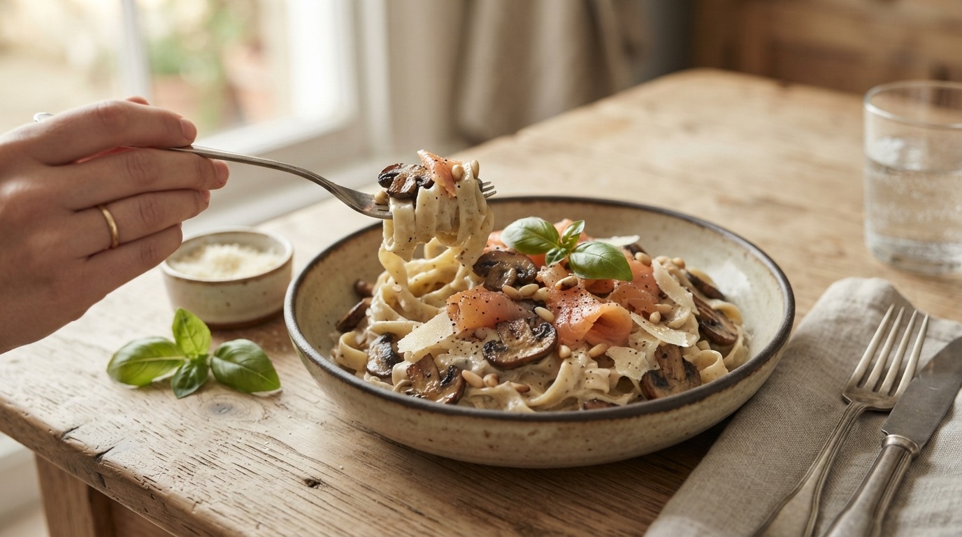 Pasta met Gebakken Champignons, Parmezaanse Kaas en Gerookte Zalm recept Pasta met Gebakken Champignons, Parmezaanse Kaas en Gerookte Zalm recept