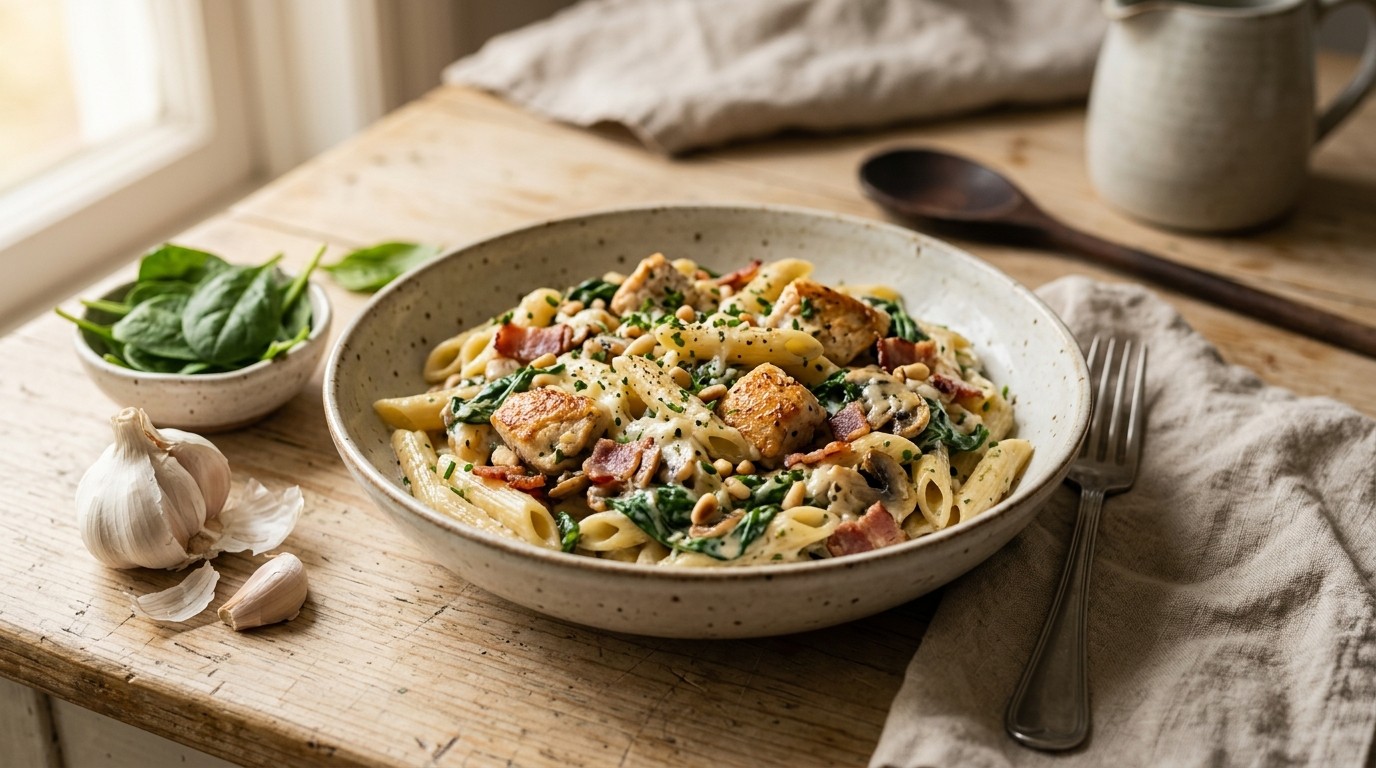 Pasta met Kip,spinazie,bacon en Kruidenroomkaas