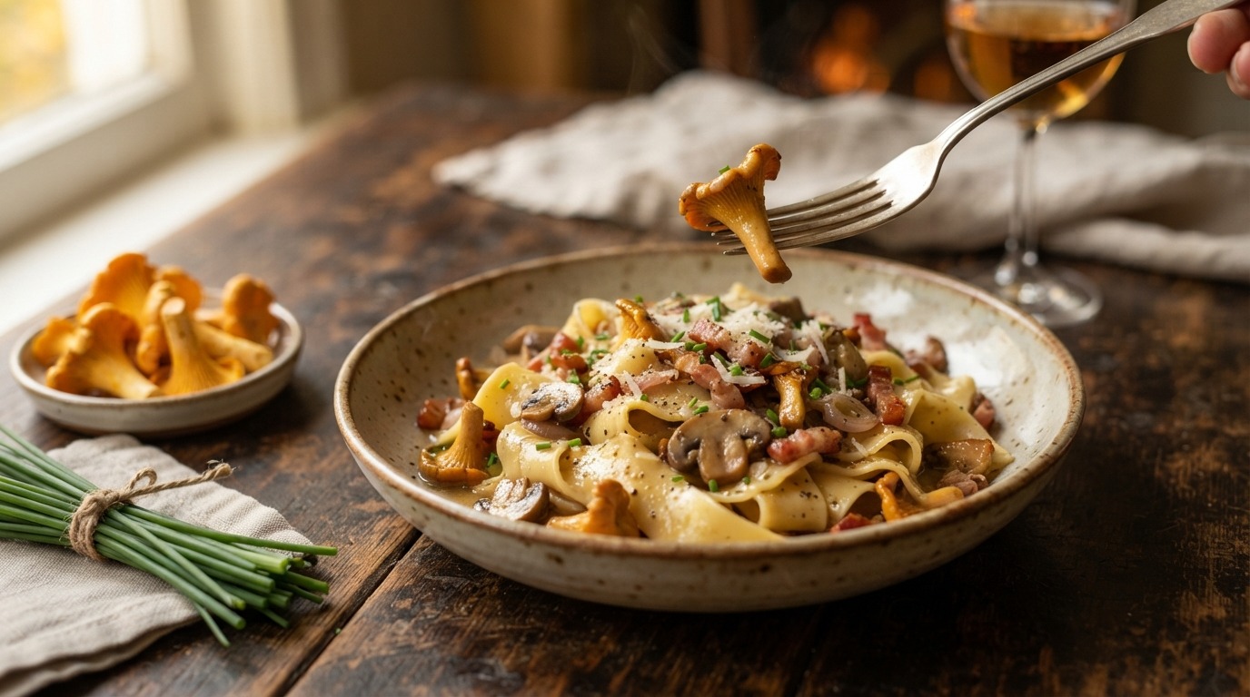 Pasta met Paddestoelen, Bieslook en Spek recept Pasta met Paddestoelen, Bieslook en Spek recept