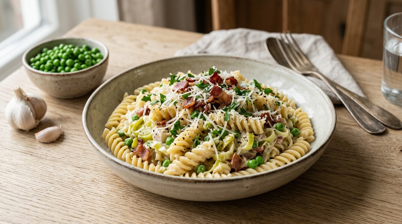 Pasta met Romige Prei en Baconsaus