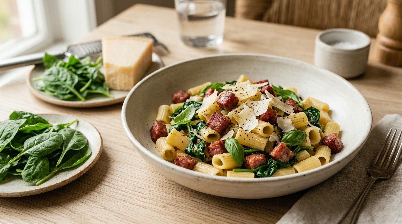 Pasta met Salami en Spinazie