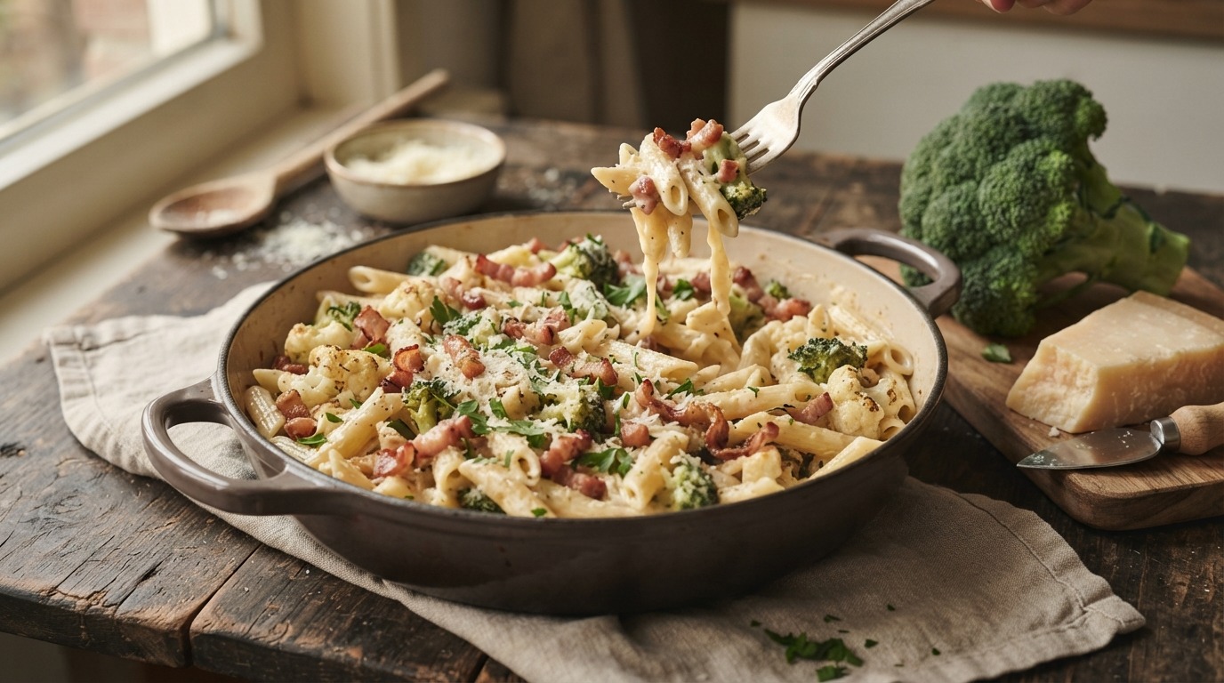 Pasta met Spek, Bloemkool en Broccoli
