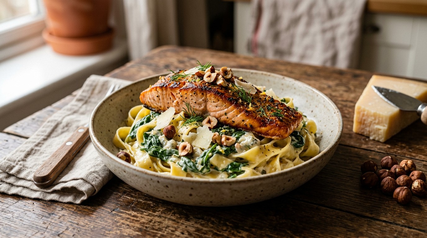 Pasta met Spinazie en Geroosterde Zalmfilet recept Pasta met Spinazie en Geroosterde Zalmfilet recept
