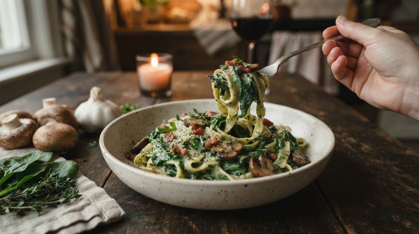 Pasta met Spinazie en Kruidenkaas