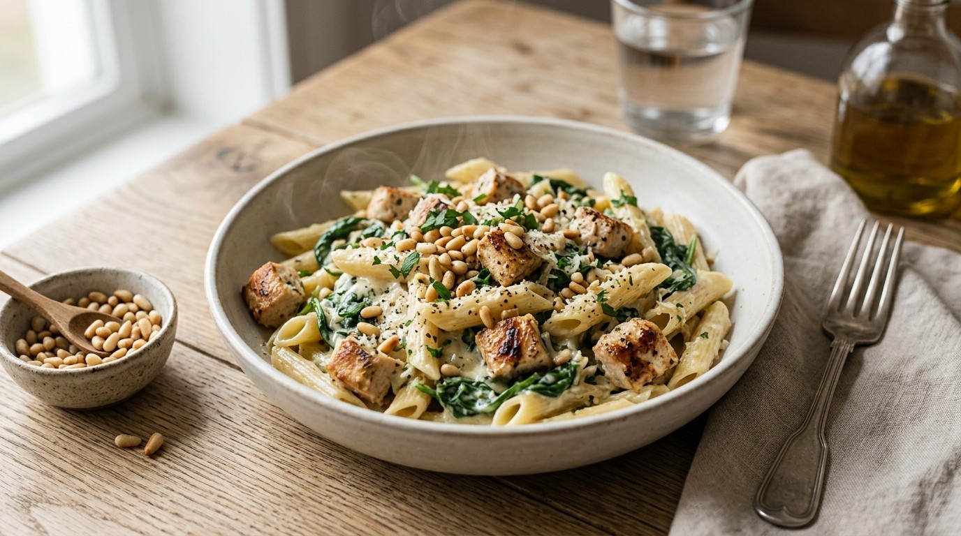 Pasta met Spinazie, kip, Boursin en Pijnboompitjes