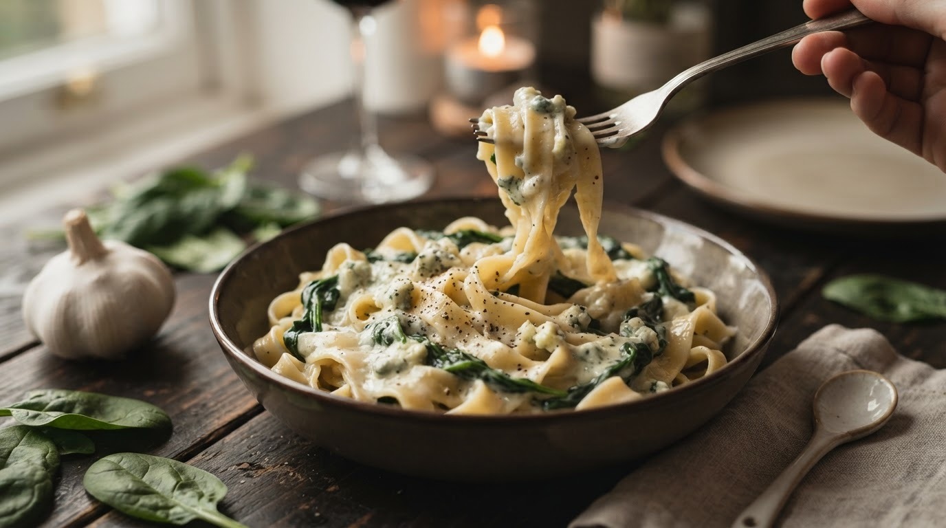 Pasta met Spinazie, Knoflook en Pittige Kaas